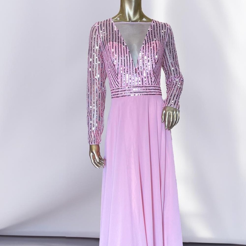 NEW A-LINE CHIFFON SATIN DRESS WITH V-NECKLINE EMBROIDERED WITH SEQUINS AC 7036